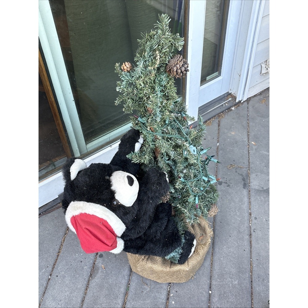 VTG Dan Dee Black Bear Hugging Christmas Tree Holiday Decor Santa Hat Large 36in